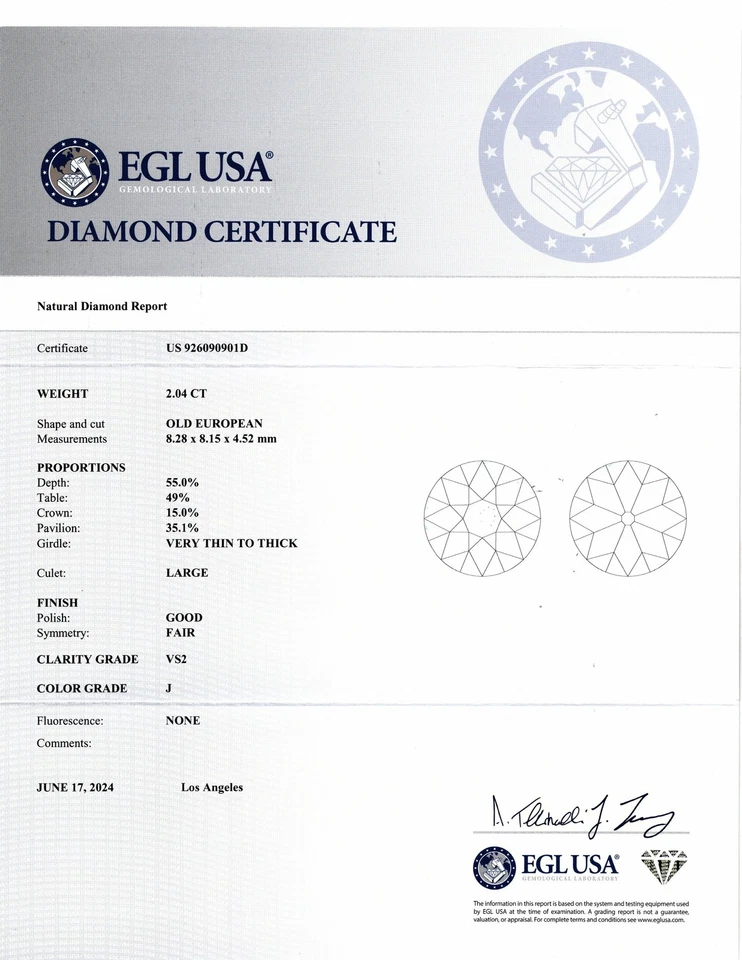 2.04ct OLD EUROPEAN CUT DIAMOND CERTIFIED J VS2 VINTAGE LOOSE NATURAL 2 CARAT - Image 2 of 2