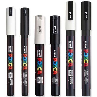 - Ultra Fine to Fine Paint Marker Pens Set - PC-1MR PC-1M PC-3M - White & Bla...