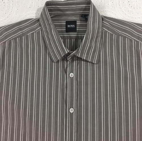 Men's Hugo Boss Lex L/S Shirt XL X-Large Brown Gray Striped Black Label - Picture 5 of 7