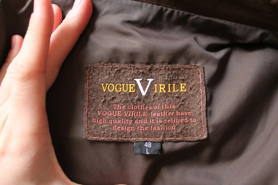 Chaqueta de cuero marrón Vogue Virile para hombre piel de oveja tela mezcla de seda forrada talla L Foto 3 de 4