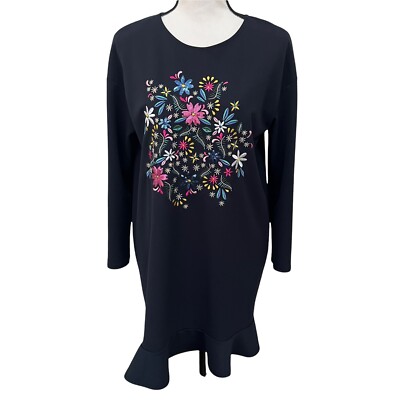 Zara Woman Basic Navy Blue Long Sleeve Embroidered Flower Shift Dress S |  eBay