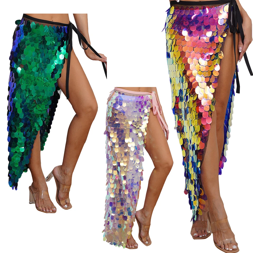 UK Womens Sparkly Sequins Skirt Long Belly Dance Hip Skirts Rave Party Hip Wrap - Image 2 of 4