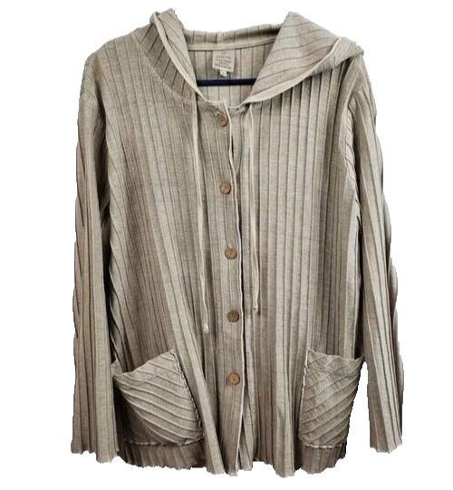 Focus Casual Life Womens Lagenlook Hoodie Small Beige Ribbed Button Up Coastal