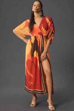 NWT $238 Farm Rio Short-Sleeve Wrap-Front Maxi Dress SMALL S orange motif