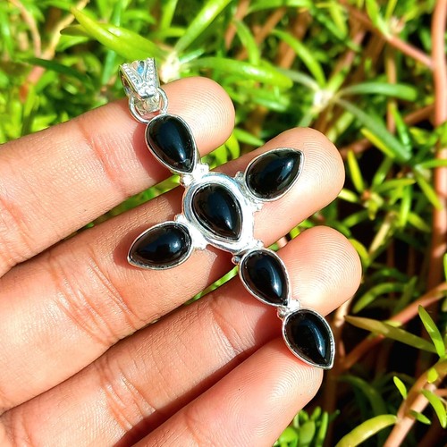 Black Onyx Gemstone 925 Sterling Silver Handmade Cross Pendant 2" GC0141