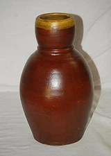 Primitive Style Stoneware Studio Art Pottery Crock Vase Earthtones w Yellow Rim