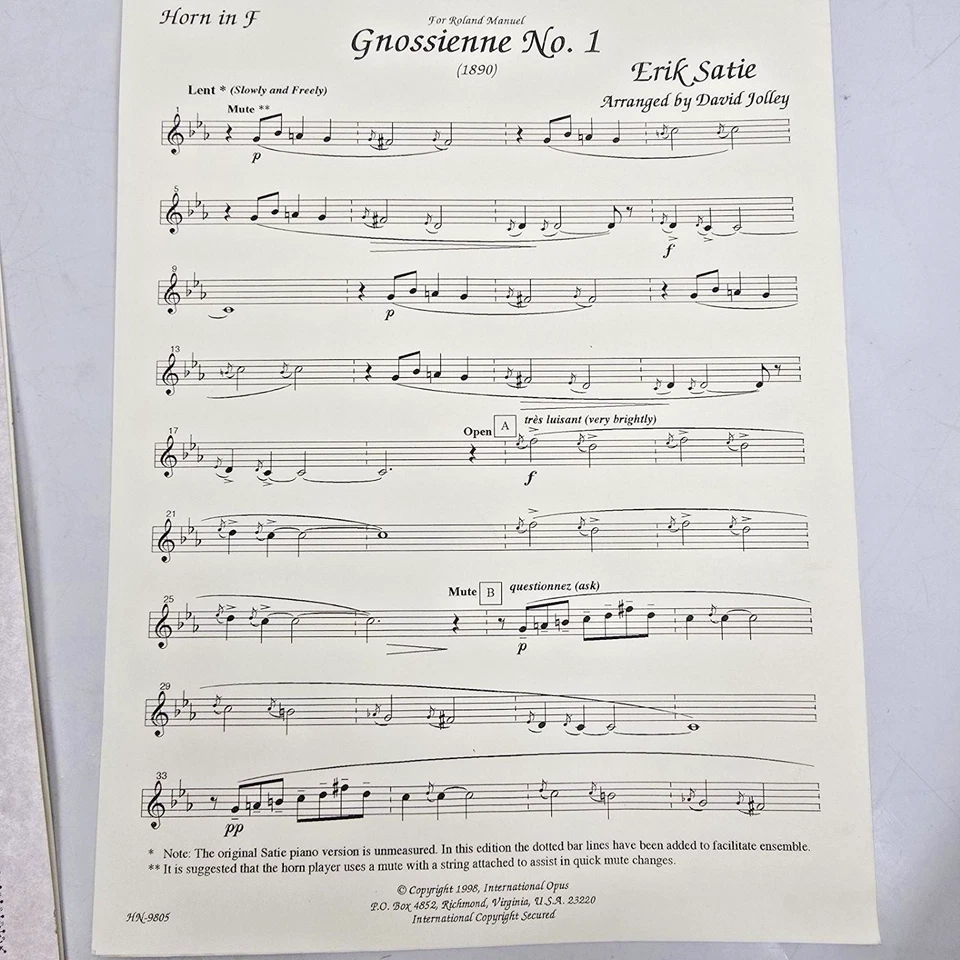 Erik Satie Gnossienne No. 1 French Horn in F For & Harp Piano Sheet Music Scores - Image 3 of 4