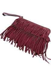  Patricia Nash Boho Burgundy Italian Suede Leather-Fringe Wristlet Clutch