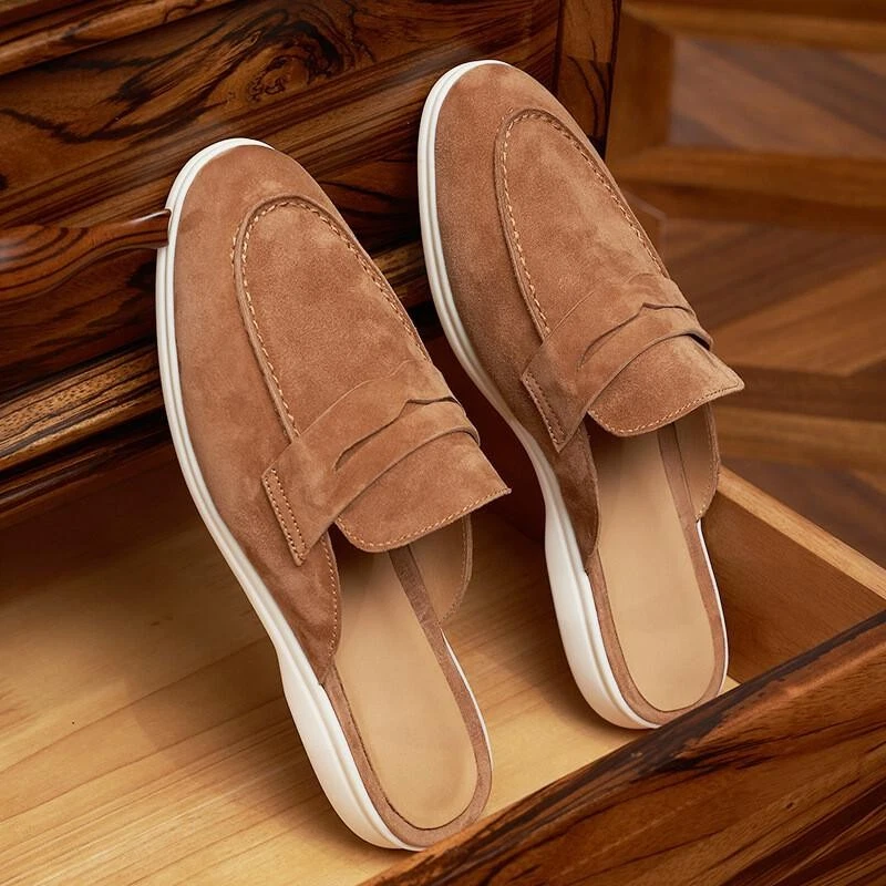 Zapatillas de cuero de gamuza real para hombre planas fiesta verano mocasines mulas vestido informal Foto 4 de 4