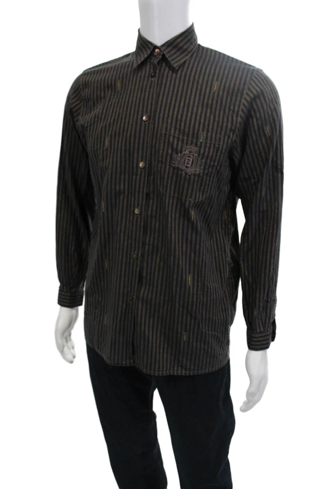 Fendi Para Hombre Algodón Estampado Rayas Cuello Abotonado Azul Talla 44 EUR Foto 2 de 4