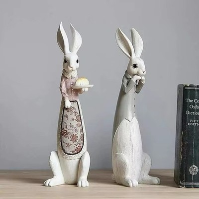 Retro Hand Painted Easter Bunny Couple Rabbits Home Decor Ornament USA Style