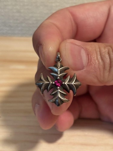 Bizarre Cross Pendant Top Silver 925 Synthetic Ruby Used Rare Vintage - Picture 2 of 7