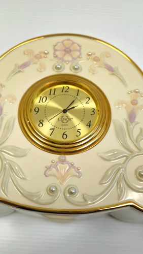 Lenox Gem Blossoms Statement Large 10.25" x 6.5" Quartz Clock, Pearls, Gold Trim - Picture 2 of 10
