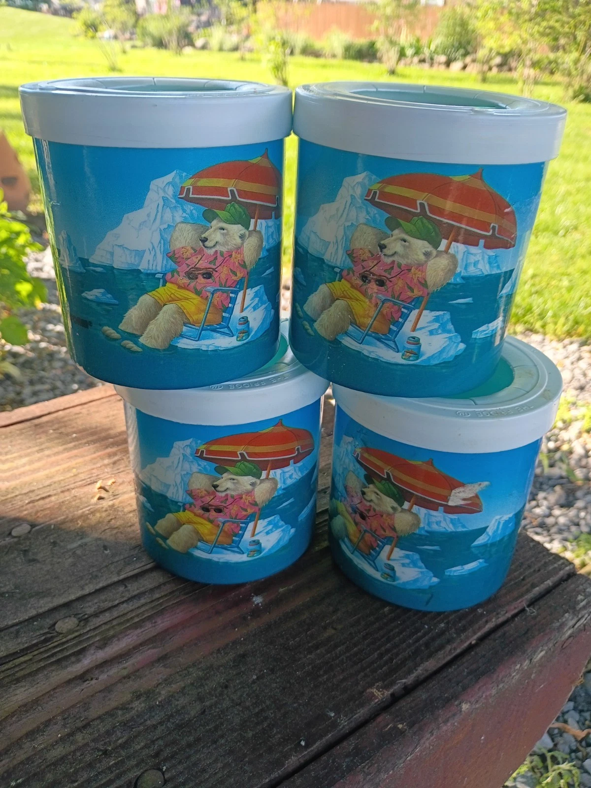 4 Vintage Polar Bear Koozie Umbrella Scene Candea Canada Freezable Drink Cooler
