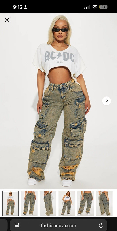 Fashion Nova Blue Acid Wash Distressed Wide-Leg Cargo Jeans High Rise M