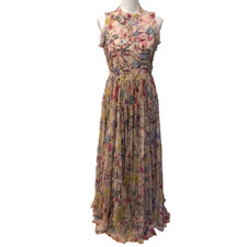 Letmebe Jenny Dress Womens Medium Sand Beige Floral Tiered Ruffle Coquette Party