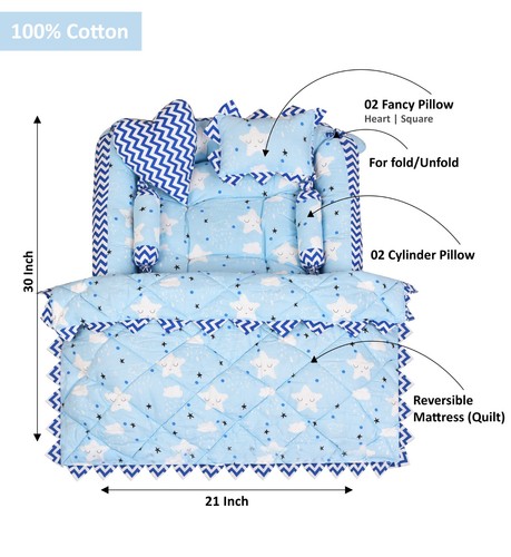 BB13 Blue & White Baby Bed Set | Reversible Cotton Mattress (Godari) & Pillows - Picture 5 of 6