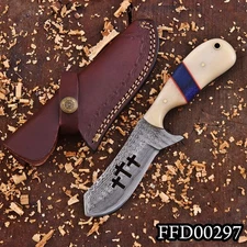SHARD™ Handmade Damascus EDC Wire Cut Holly Bull Cutter Hunting Knife + Sheath