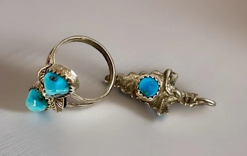 Vtg Sterling Silver & Turquoise Native American Ring, Sz 4.5 & Arrowhead Pendant