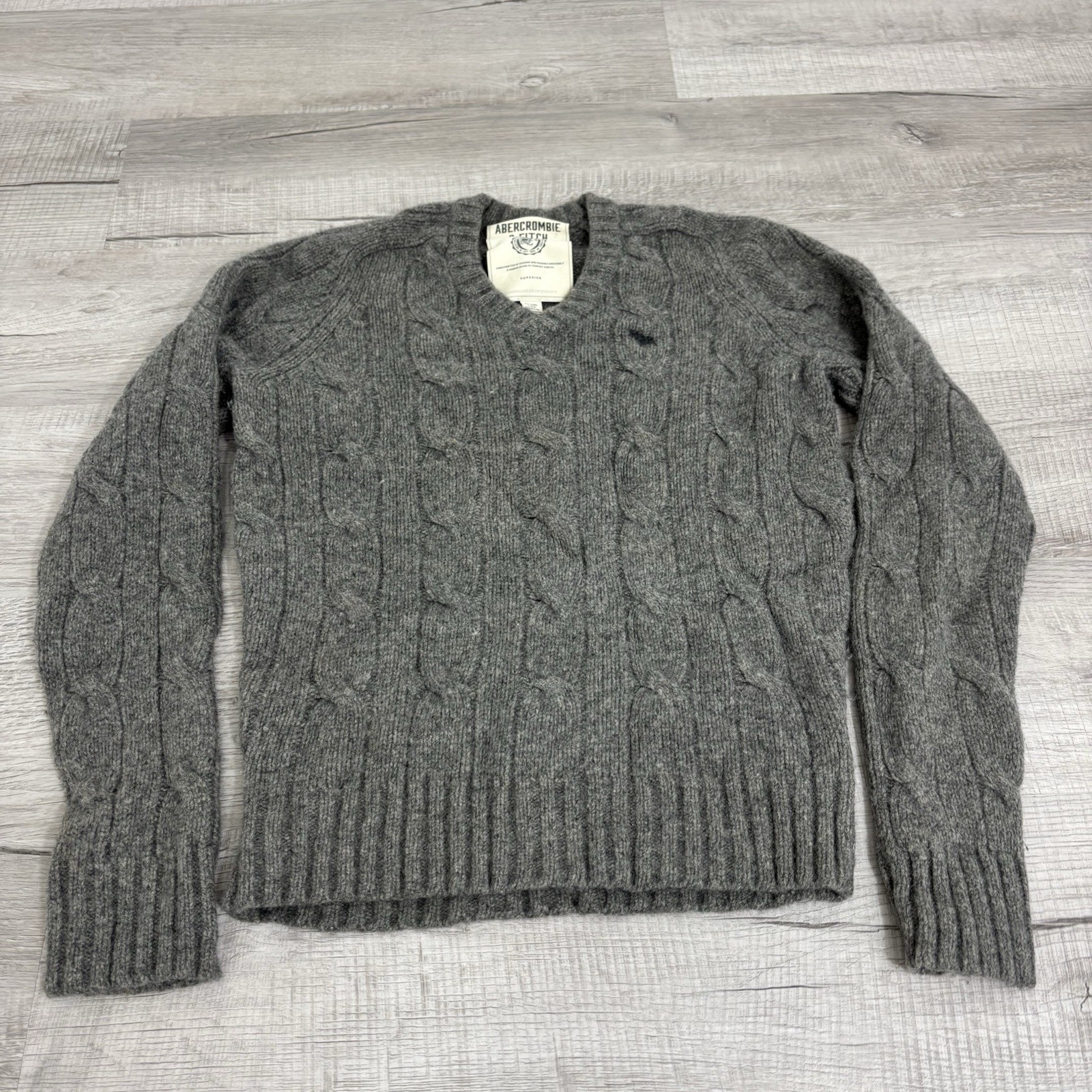 Y2K Abercrombie And Fitch Solid Grey Cableknit Wool Cashmere Sweater Mens S