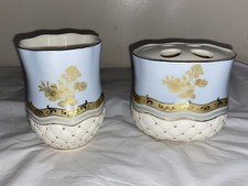 VTG Croscill Napoleon Ceramic Bathroom Tumbler Tooth Brush Holder Blue  Gold
