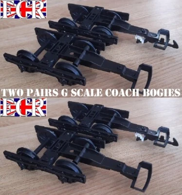 ECR NQD TWO PAIRS G SCALE 45mm GAUGE RAILWAY COACH CARRIAGE BOGIES, TRAIN WHEELS & AXLES