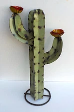 METAL YARD ART 25" SAGUARO CACTUS SCULPTUREL LIGHT SAGE GREEN  W YELLOW FLOWERS
