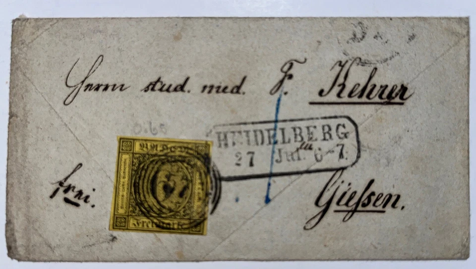 Germany Baden Cover 6Kr Yellow Cancel Heidelberg July 27 1856 Ownership Name XF - Image 3 of 4