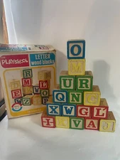 Vintage 16 Playskool Wooden Alphabet Blocks 1978  w Original Box