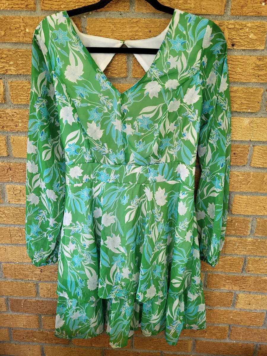 Jessica Simpson Green & Blue Floral Print V-Neck Smocked Mini Dress Size  Large