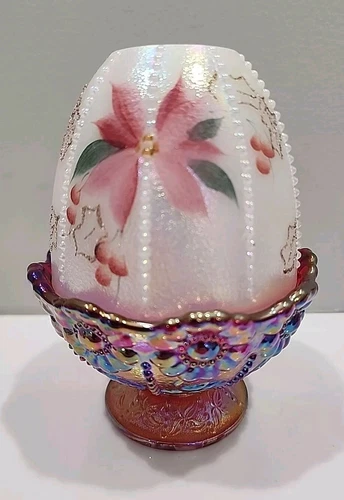 Fenton IVORY / RED Poinsettia & Holly Fairy Lamp Light ~ MINT!