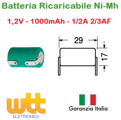 EXTRACELL Batteria Ricaricabile NI-MH 2/3AF 2/3A 1/2A 1,2V 1000mAh 29x17mm a saldare