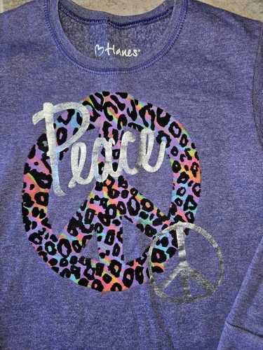 HANES Purple Retro PEACE Long Sleeve Sweatshirt Top Girls M Size 8 - Picture 2 of 2