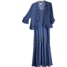 XSCAPE Dress Jacket Set Womens 18W Blue Chiffon Beaded Ruffle Formal Maxi Gown