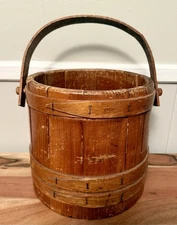 Antique Wooden 10 in Sugar Bucket With Swing Handle