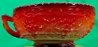 VINTAGE Imperial Glass Red Slag Handled Nappy Bowl Vintage Grape Pattern IG Mark