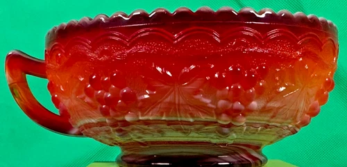 VINTAGE Imperial Glass Red Slag Handled Nappy Bowl Vintage Grape Pattern IG Mark