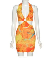Women Hollow Out Sexy Bodycon Patchwork Casual Low-Cut Halter Beach Mini Dress B