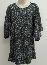 Art Class Girl's Dress Blue Black Floral Round Neck knee Length  Size L 10/12