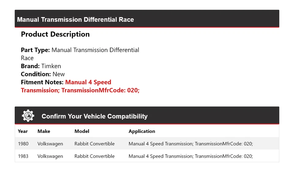 Diferencial Carrera Timken Para 80, 83 Volkswagen Rabbit Convertible Transmisión Manual Foto 2 de 4