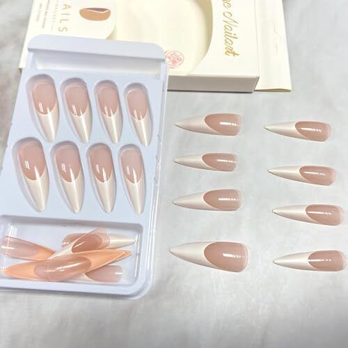 Press on Nails Extra Long Stiletto Fake Nails Glossy Ballerina White French Tip - Picture 4 of 6