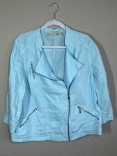 Chicos 3 Jacket 100 Linen Aqua 3/4 Sleeve Asymmetrical Zipper
