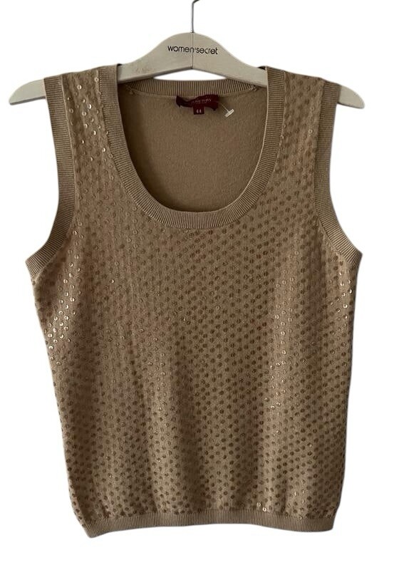 Burberry London Women Beige Tank  Sequin Blouse Top Vest Wool Size 44