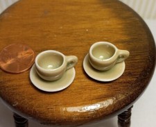 Miniature Dollhouse Set of 4 pc Tan Ceramic Cup and saucers 2 each