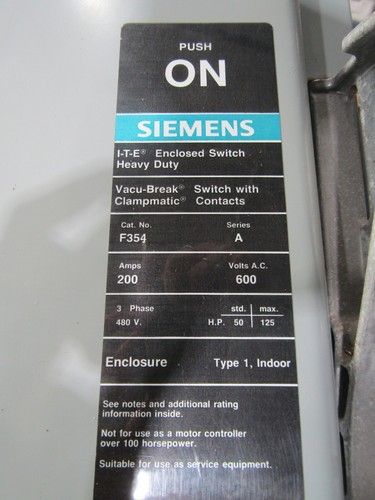 💥INTERRUPTOR DE SEGURIDAD SIEMENS 200 AMPERIOS RESISTENTE ASPI-BREAK NO FUSIONADO 3P 600 VAC F-354 - Imagen 7 de 12