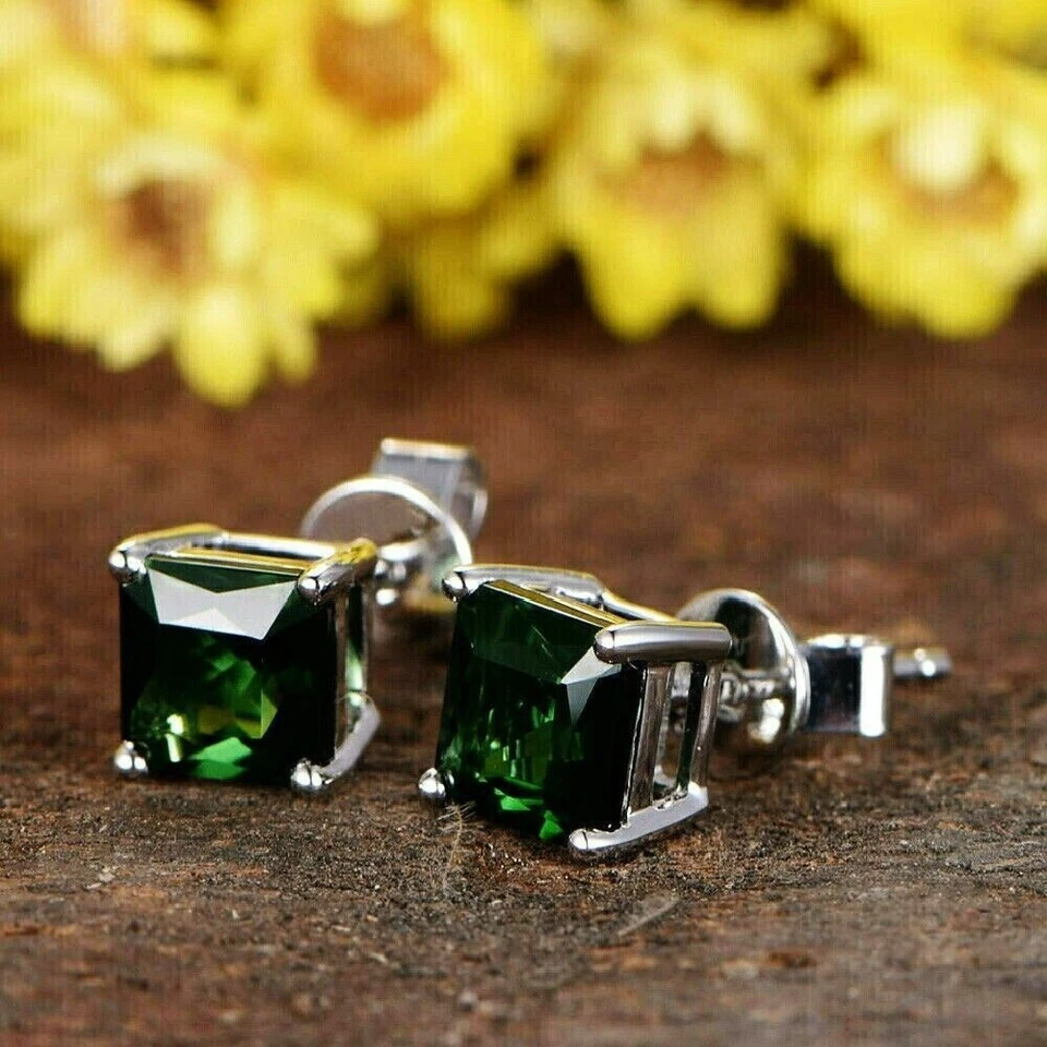 2Ct Princess Cut Lab Created Green Emerald Stud Earrings 14K White Gold Plated - Image 3 of 4