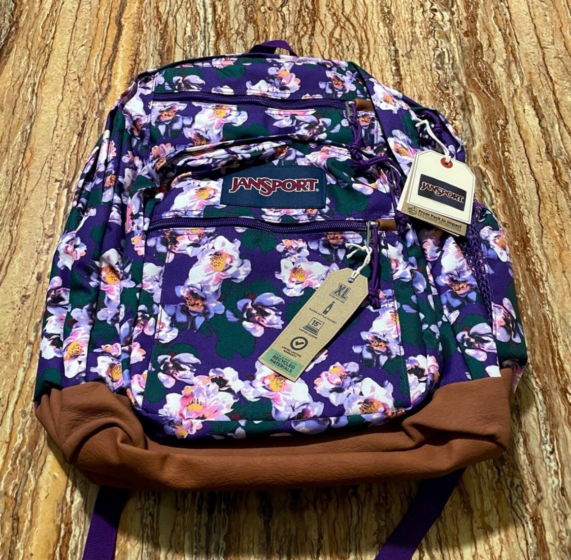 JanSport Backpack Purple Floral XLarge 17”Durable Travel Backpack