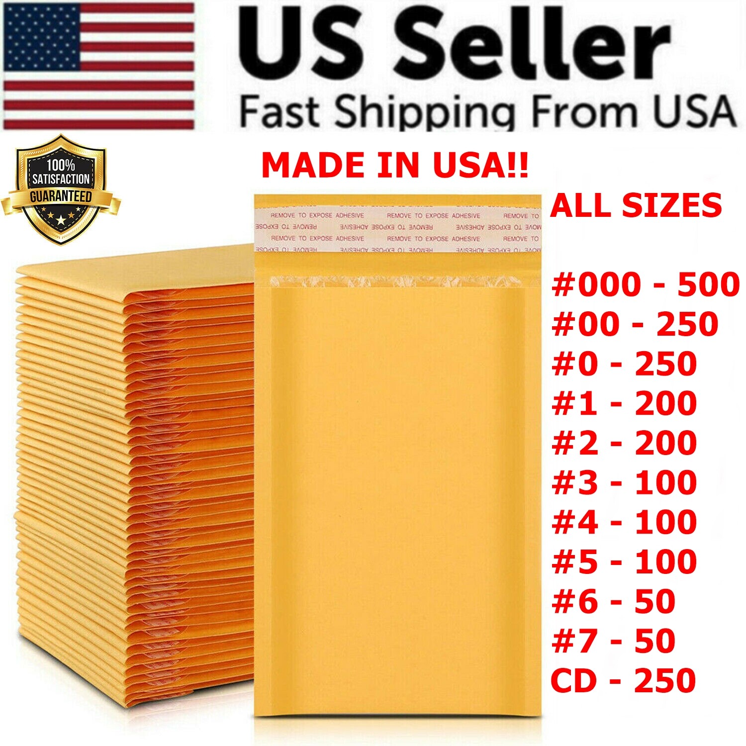 Yellow Kraft Air Bubble Mailer Padded Envelope Size 0 1 2 3 4 5 6 7 00