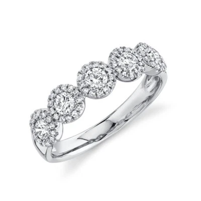 14K Weißgold Diamant Anniversary Ring Breite 5 mm 0.70CT 5 Steine Halo - Bild 1 von 3