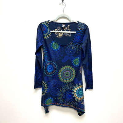 Desigual Asymmetric Tunic Top Women's Blue Paisley Graphic Scoop Neck- M NWT